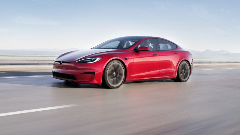 A photo of a red Tesla Model S. 