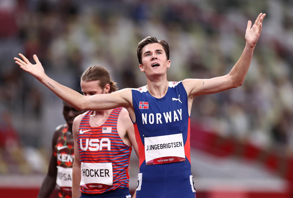 Jakob Ingebrigtsen of Team Norway reacts after winning the gold medal in the Men's 1500m Final on day fifteen of the Tokyo 2020 Olympic Games at Olympic Stadium on August 07, 2021 in Tokyo, Japan. (Photo by Ryan Pierse/Getty Images)