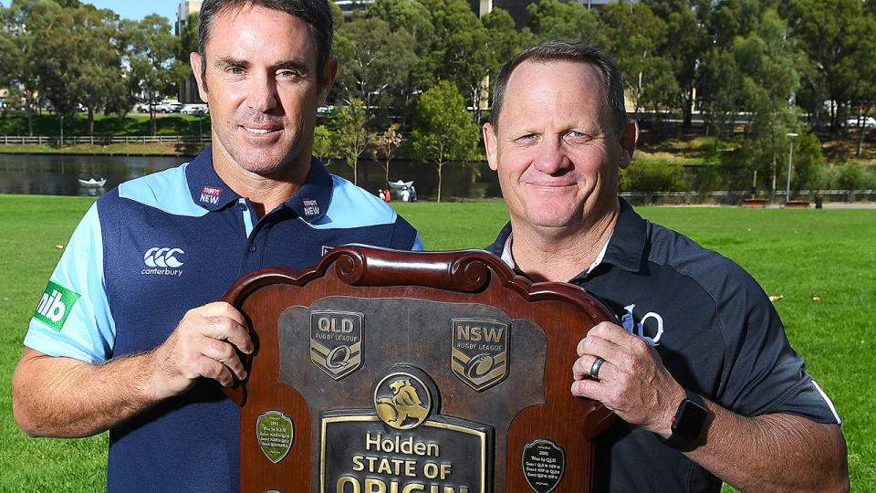 Brad Fittler and Kevin Walters, pictured here with the State of Origin Shield at the series launch in Adelaide.