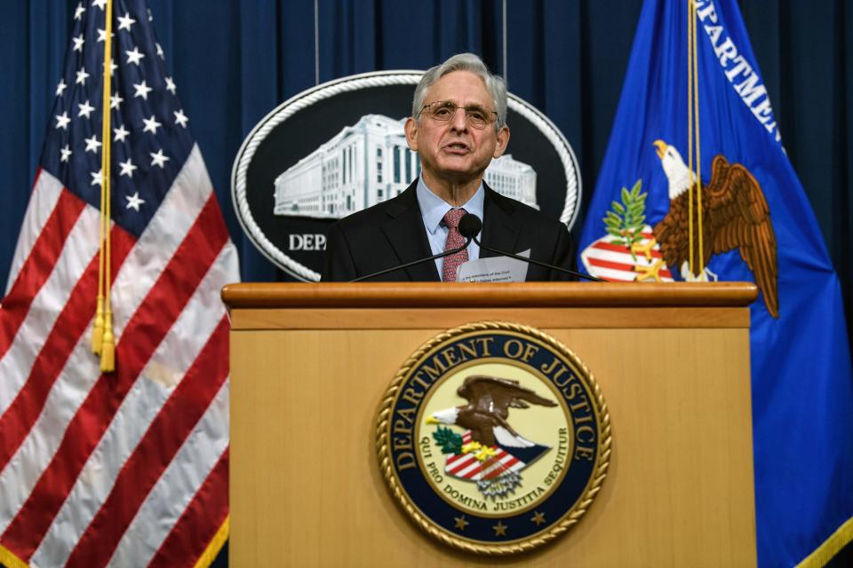 Attorney General Merrick Garland speaks during a news conference, Tuesday, Feb. 22, 2022 at the Justice Department in Washington, D.C., about the federal hate crimes conviction of three men who murdered Ahmaud Arbery.