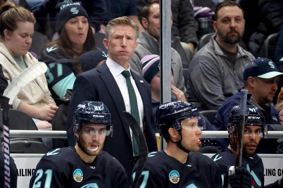 Head coach Dave Hakstol of the Seattle Kraken looks on during the second period against the New York Islanders at Climate Pledge Arena on Nov. 16, 2023, in Seattle, Washington. (Steph Chambers/Getty Images/TNS)