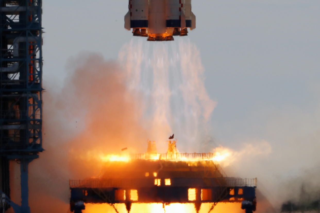 solar  The Long March-2F Y12 rocket, carrying the Shenzhou-12 spacecraft and three astronauts, takes off from Jiuquan Satellite Launch Center for China's first manned mission to build its space station, near Jiuquan, Gansu province, China June 17, 2021.   REUTERS/Carlos Garcia Rawlins