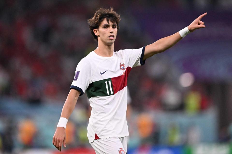 Joao Felix gestures during the Qatar 2022 World Cup quarter-final against Morocco (AFP via Getty Images)