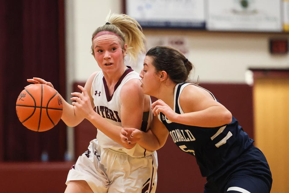 Waterloo junior Rose Couts brings the ball downcourt against McDonald senior Lucy Wolford during Thursday night’s game against the McDonald Blue Devils.