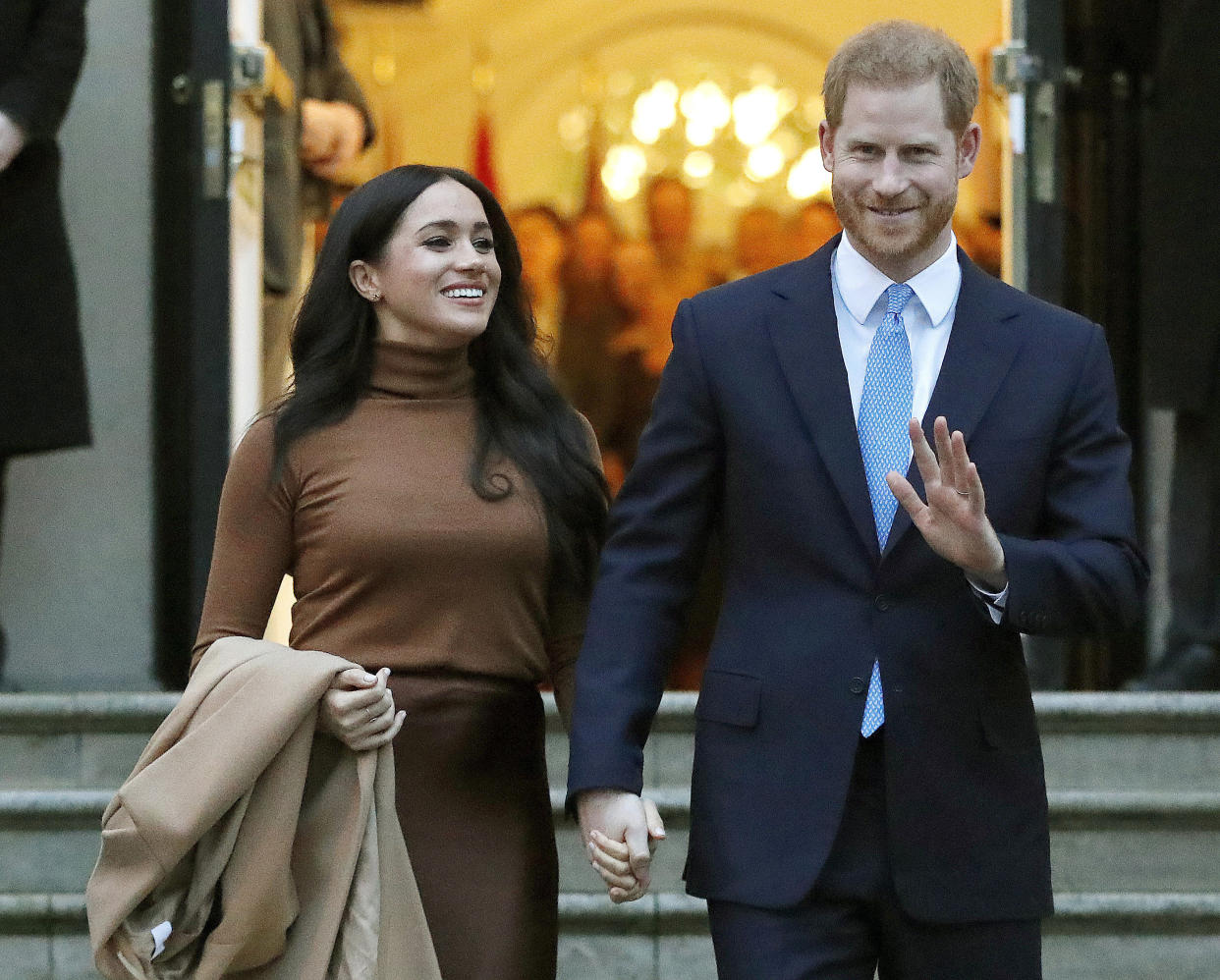 Prince Harry and Meghan, the Duke and Duchess of Sussex, leave after visiting Canada House on Jan. 7, 2020 (AP)