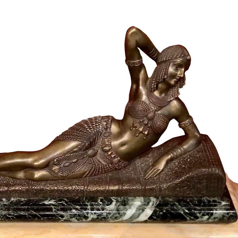 Known for the idealized glamor of his Art Deco figurines, Chiparus’s works were exquisitely crafted and coveted, like this intricately detailed bronze of the Queen of the Nile. By 1960s such overwrought confections inspired shrieks of mirth from Manhattanite sophisticates, who deemed them in deliciously egregious bad taste.