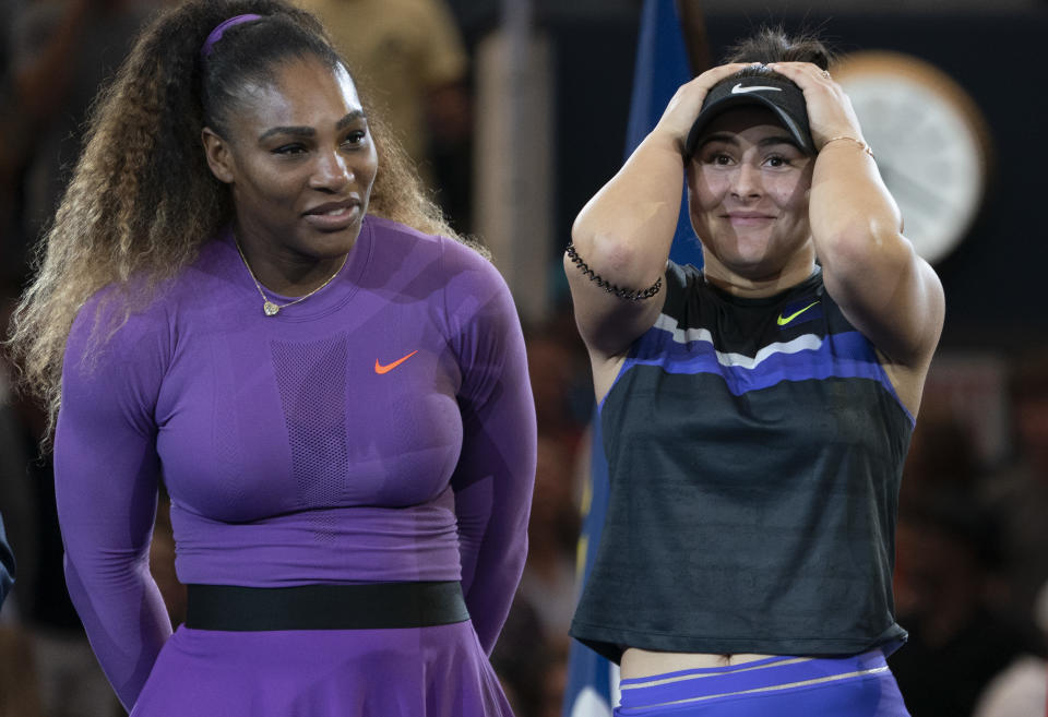 Bianca Andreescu of Canada (R) and Serena Williams of the US (L) react during the awards ceremony after their women's singles finals match at the 2019 US Open at the USTA Billie Jean King National Tennis Center September 7, 2019  in New York. (Photo by Don Emmert / AFP)        (Photo credit should read DON EMMERT/AFP/Getty Images)