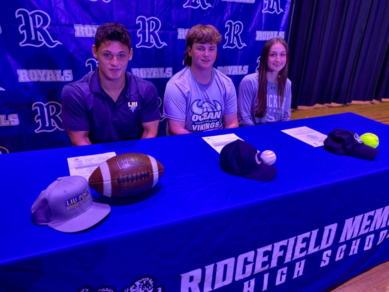 2023 Signing Day ceremony at Ridgefield High School. From left, Max Ycaza signed to play football at LIU Post, Chris Kane signed to play baseball at Ocean County College and Taylor Semeraro signed to play softball at Stockton.