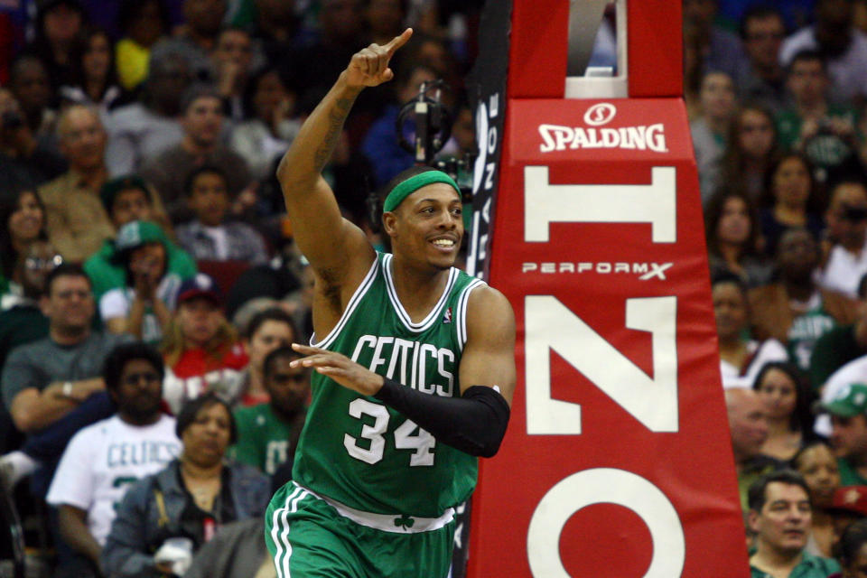 NEWARK, NJ - APRIL 14: Paul Pierce #34 of the Boston Celtics reacts after he made a 2-point basket in the second half against the New Jersey Nets at Prudential Center on April 14, 2012 in Newark, New Jersey. NOTE TO USER: User expressly acknowledges and agrees that, by downloading and or using this photograph, User is consenting to the terms and conditions of the Getty Images License Agreement. (Photo by Chris Chambers/Getty Images)