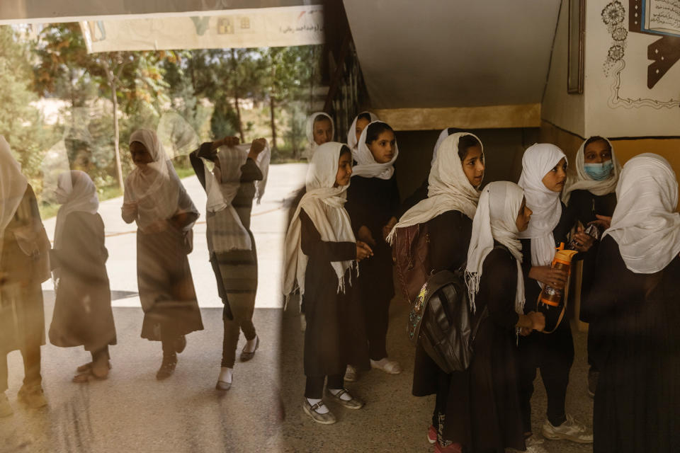 Schoolgirls wait for a class in Kabul on Sept. 15.<span class="copyright">Victor J. Blue—The New York Times/Redux</span>