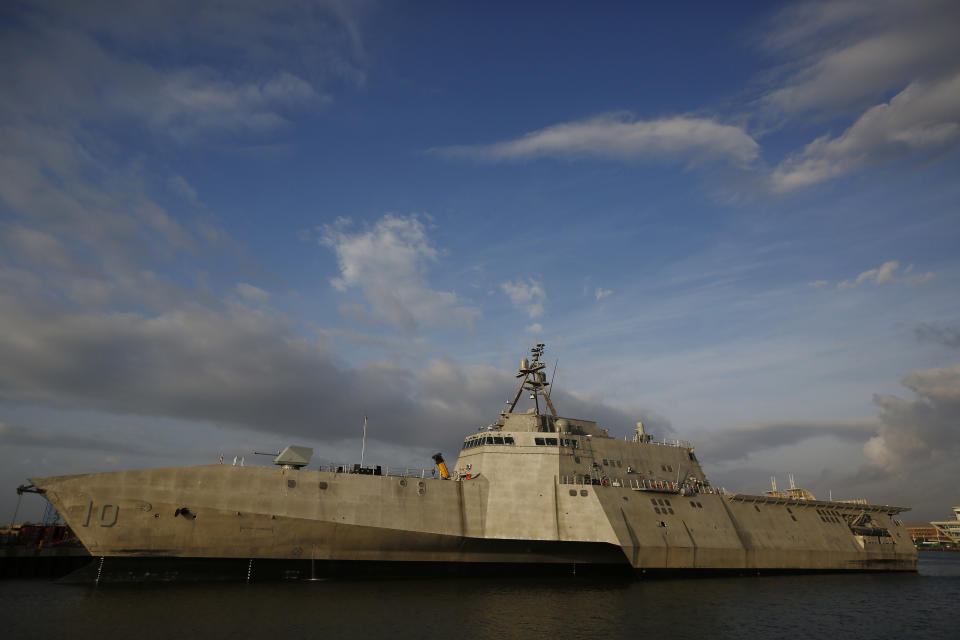 FILE - This Nov. 30, 2016, file photo shows the USS Gabrielle Giffords, a Naval littoral combat ship built at the Austal USA shipyards, docked on the Mobile River in Mobile, Ala. China&#39;s spokesman Geng Shuang said Friday, Nov. 22, 2019, that the littoral combat ship USS Gabrielle Giffords “illegally entered” waters surrounding the Spratly Islands on Nov. 20. (AP Photo/Brynn Anderson, File)
