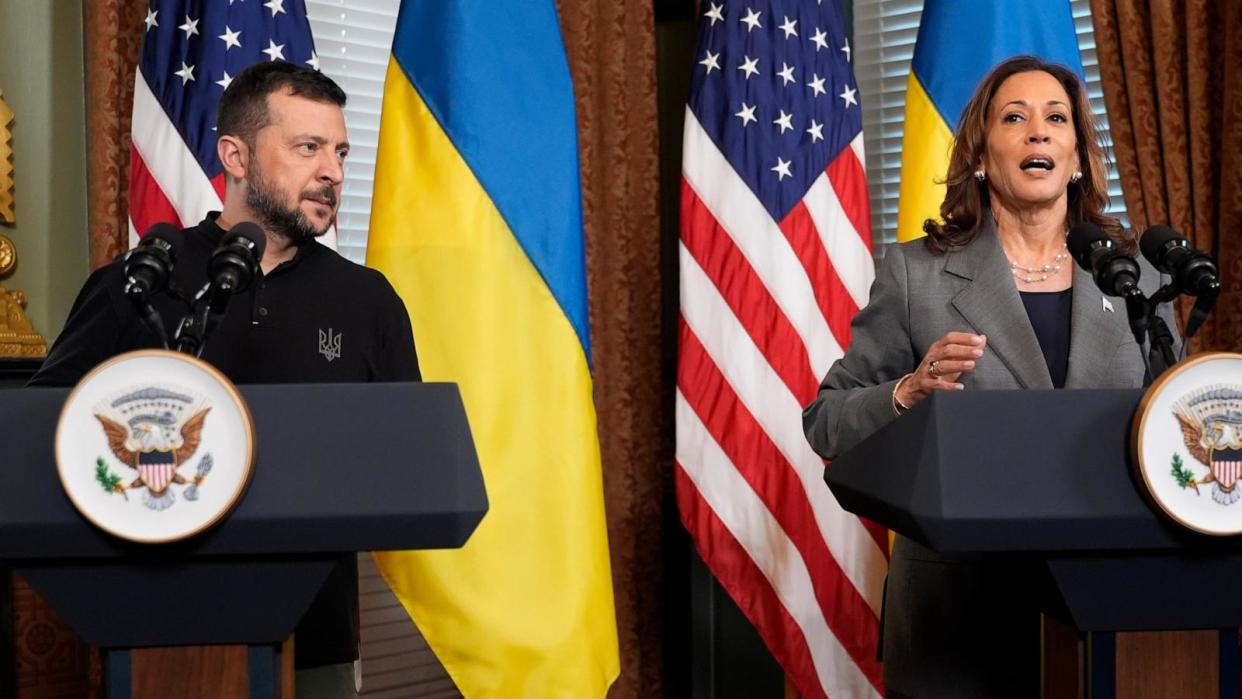 PHOTO: Vice President Kamala Harris meets with Ukraine's President Volodymyr Zelenskyy, Sept. 26, 2024, in the vice president's ceremonial office inside the Eisenhower Executive Office Building on the White House complex. (Jacquelyn Martin/AP)