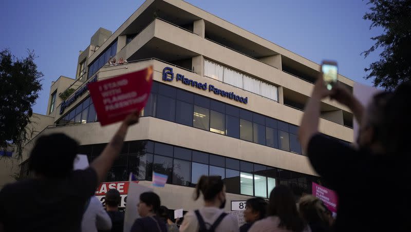 Supporters of abortion rights protest outside a Planned Parenthood clinic in West Hollywood, Calif., after the Supreme Court overturned Roe v. Wade on Friday, June 24, 2022.