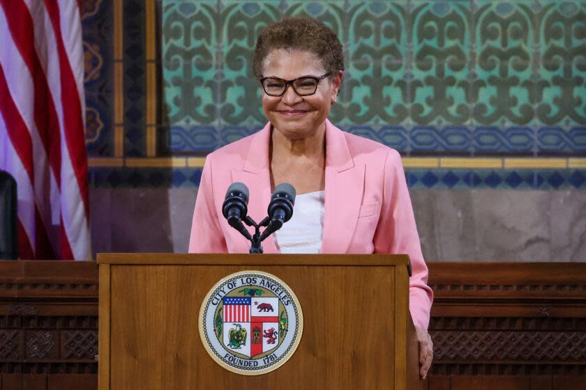 Los Angeles, CA, Monday, April 15, 2024 - LA Mayor Karen Bass delivers her second State of the City Address at City Hall. (Robert Gauthier/Los Angeles Times)