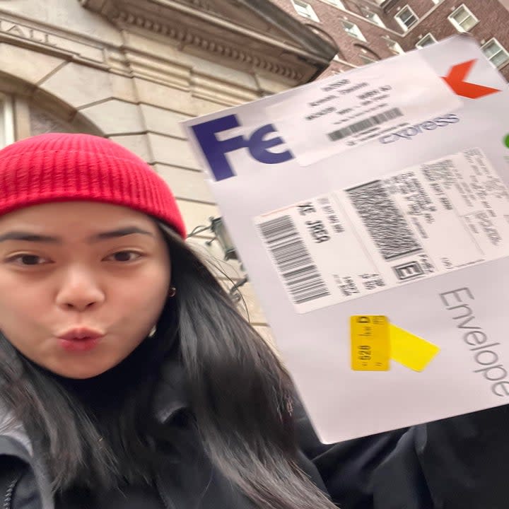 Left: Tasnim Azman after receiving her ballot in the mail. Right: Brenda Ho holding up the ballots she collected.