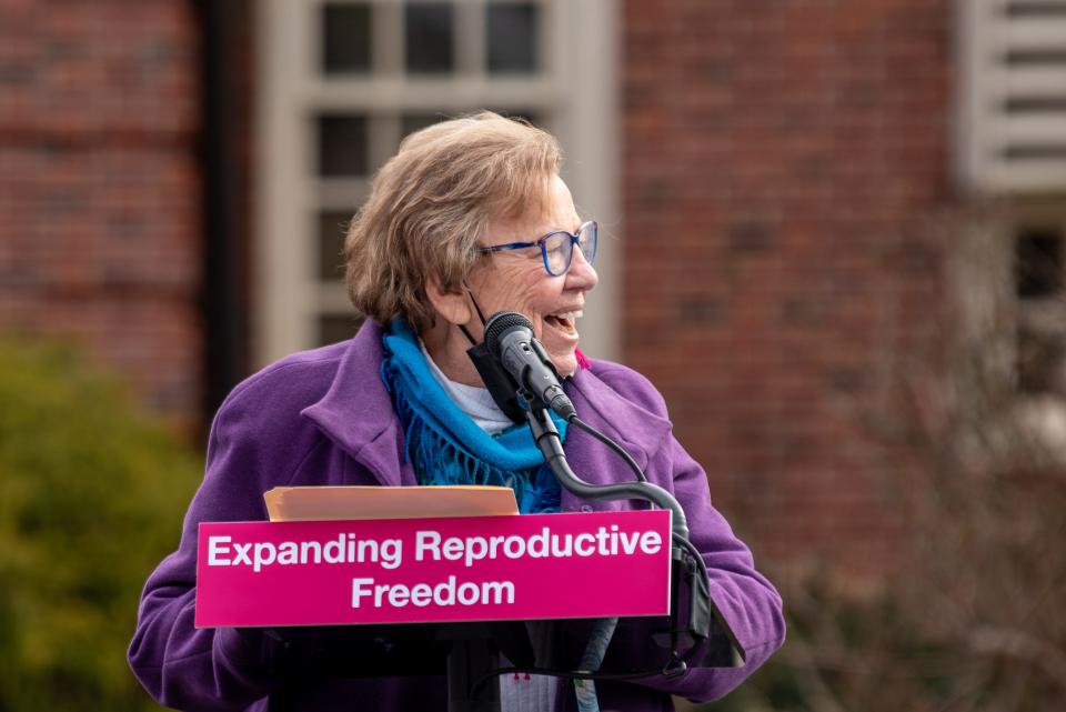 New Jersey Governor Phil Murphy signs an abortion bill into law in front of Teaneck Library on Thursday Jan. 13, 2022. Loretta Weinberg, one of the sponsors of the bill, speaks during a ceremony. 