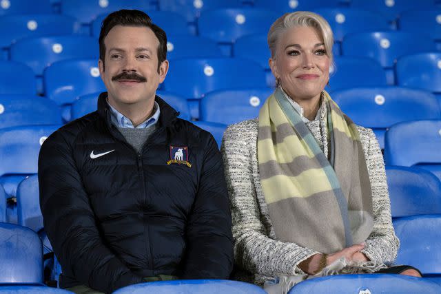 <p>Apple TV+</p> Jason Sudeikis and Hannah Waddingham in 'Ted Lasso.'