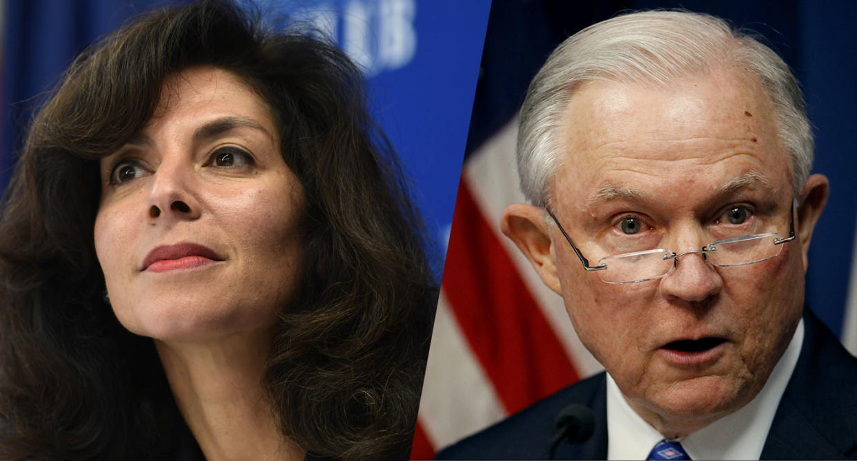 Judge Ashley Tabaddor and Attorney General Jeff Sessions. (Photos: Susan Walsh/AP, Charlie Riedel/AP)