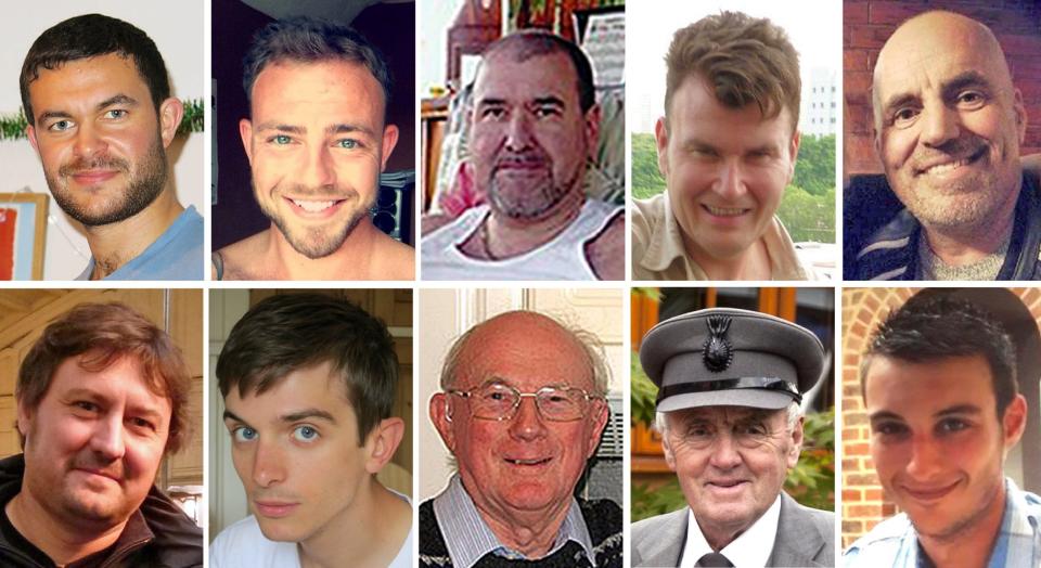 Victims: (Top row left to right) Matthew Grimstone, Matt Jones, Mark Reeves, Tony Brightwell and Mark Trussler. (Bottom row left to right) Dylan Archer, Richard Smith, Graham Mallinson, Maurice Abrahams and Daniele Polito (PA)