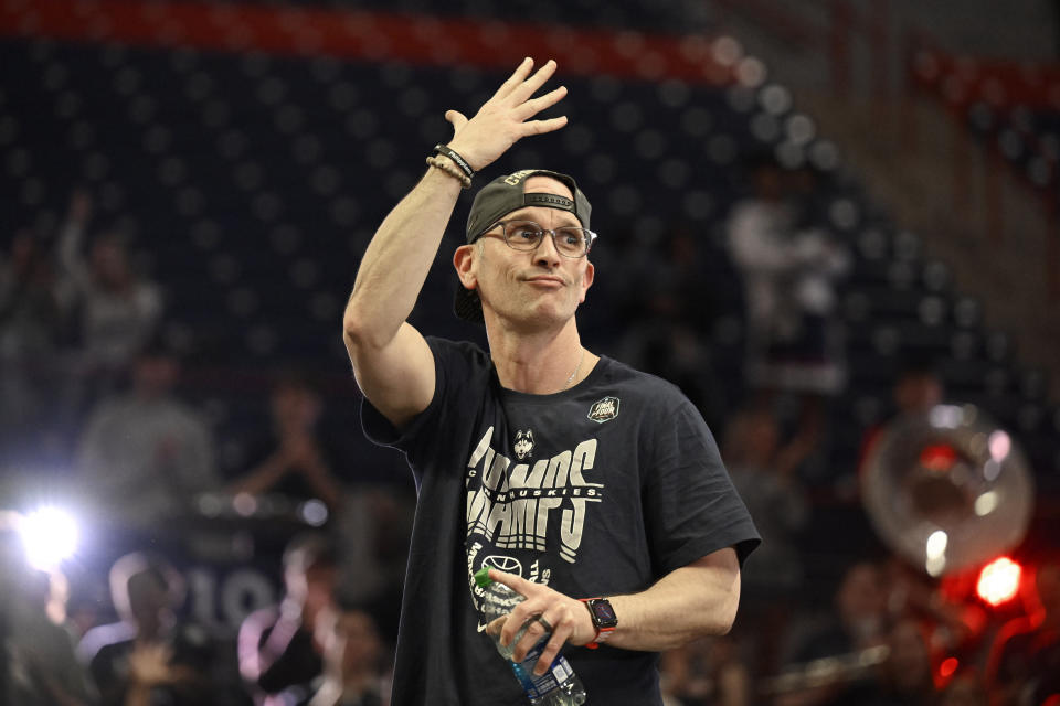 UConn coach Dan Hurley gestures during a rally at Gampel Pavilion in honor of the team's NCAA men's Division I basketball championship, Tuesday, April 4, 2023, in Storrs, Conn. (AP Photo/Jessica Hill)