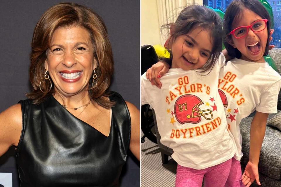 <p>Jamie McCarthy/Getty; hoda kotb/ Instagram</p> Hoda Kotb and kids celebrate the 2024 Super Bowl, with a nod to Travis Kelce and Taylor Swift.