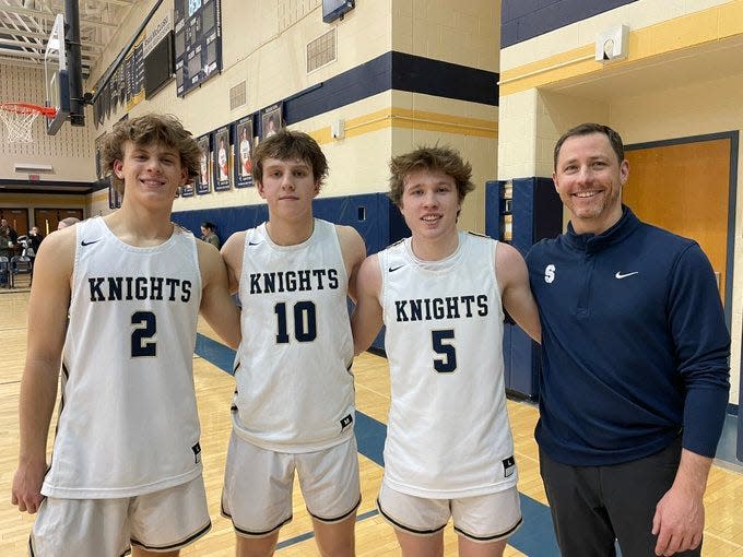 Pittsford Sutherland's Chandler Reynolds, Ivan Goettler, Everett Wilcox and coach John Nally improved to 12-5 after a win over Webster Schroeder on Monday, Feb. 6, 2023.