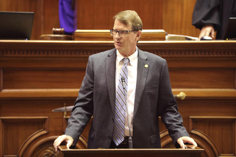 Republican South Carolina Sen. Richard Cash speaks about a bill banning abortion on the Senate floor on Wednesday, Sept. 7, 2022, in Columbia, S.C. (AP Photo/Jeffrey Collins)