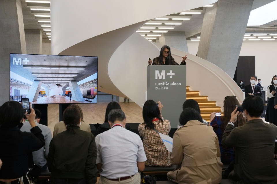 Suhanya Raffel, the Museum Director of "M+" speaks during a media preview of "M+" museum, in the West Kowloon Cultural District of Hong Kong, Thursday, Nov. 11, 2021. Hong Kong's swanky new M+ museum _ Asia's largest gallery with a billion-dollar collection _ is set to open on Friday amid controversy over politics and censorship. (AP Photo/Kin Cheung)