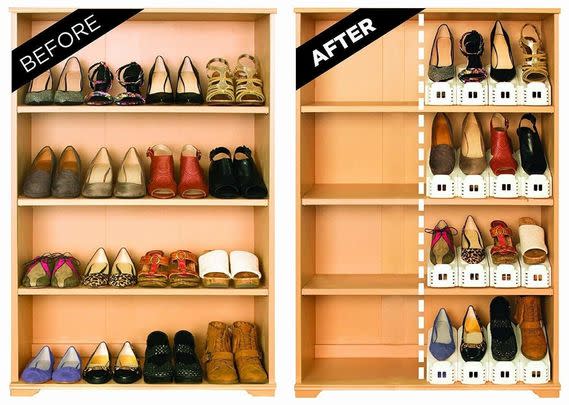 A set of Shoe Slotz that lets you stack shoes on top of each other to DOUBLE your storage space