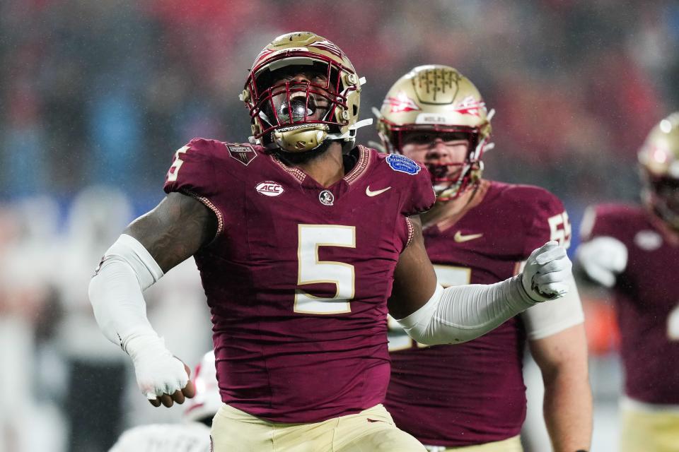 Dec 2, 2023; Charlotte, NC, USA; Florida State Seminoles defensive lineman Jared Verse (5) reacts during the fourth quarter against the Louisville Cardinals at Bank of America Stadium. Mandatory Credit: Jim Dedmon-USA TODAY Sports