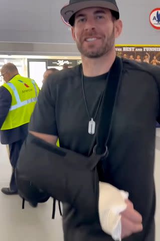 <p>Tarek El Moussa/Instagram</p> Tarek El Moussa with a cast at the airport.