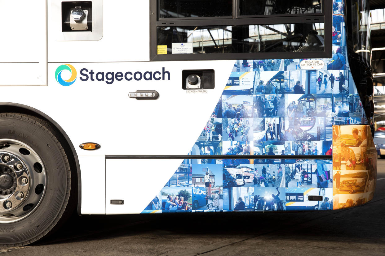 EMBARGOED TO 0001 THURSDAY JANUARY 30 EDITORIAL USE ONLY A one-of-a-kind mosaic bus livery, which features the faces of Stagecoach customers and drivers from across the UK, is unveiled to celebrate the launch of its new look bus design in its 40th year of service, at the Chesterfield depot in Derbyshire.