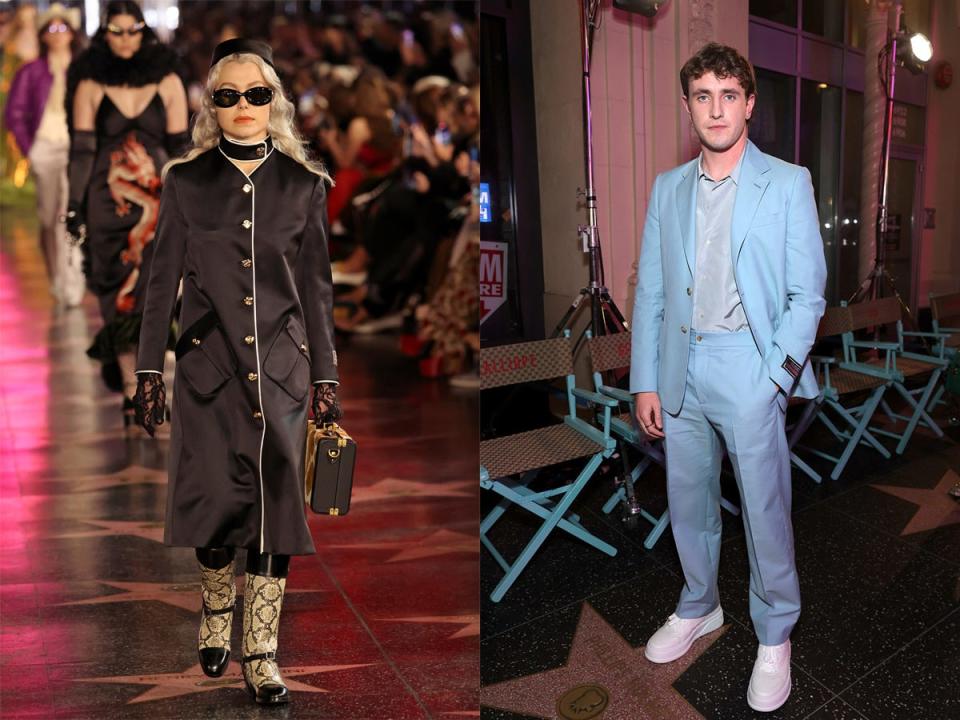 On the left: Phoebe Bridgers walking the runway for Gucci Love Parade on November 02, 2021 in Hollywood, California. On the right: Paul Mescal seen on Gucci Love Parade Front Row on November 02, 2021 in Los Angeles, California.