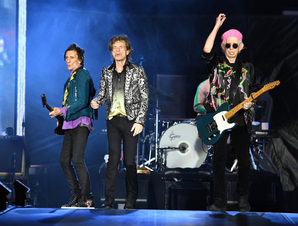 NASHVILLE, TENNESSEE - OCTOBER 09:  Ronnie Wood, Mick Jagger and Keith Richards of The Rolling Stones perform onstage at Nissan Stadium on October 09, 2021 in Nashville, Tennessee. (Photo by Kevin Mazur/Getty Images)