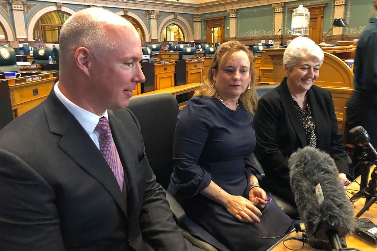 Colorado Republican Sen. Kevin Priola, left, Democratic House Speaker KC Becker, center, and Democratic Sen. Lois Court discuss a proposed ballot initiative to let the state keep excess tax revenue in Denver on March 20, 2019. Citing alarm toward the Republican Party's widespread embrace of 2020 election conspiracies, a moderate GOP Colorado state senator has switched his affiliation to Democrat. Priola's decision, announced, enhances Democrats' chances of retaining their majority in the chamber in the November midterms Colorado Legislator-Party Switch, Denver, United States - 20 Mar 2019