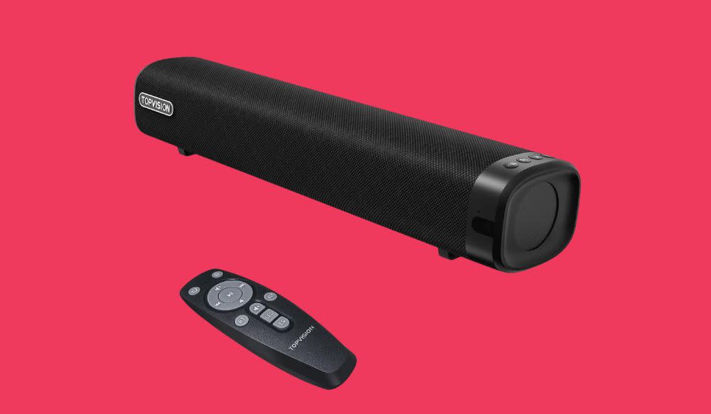 A  Topvision TV soundbar and remote.