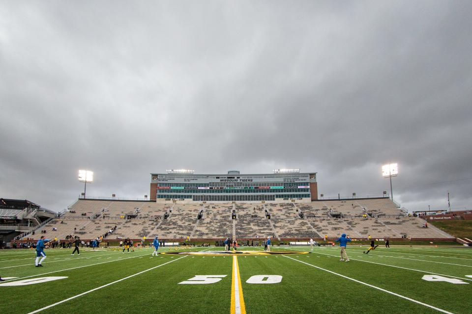 Nov 5, 2022; Columbia, Missouri, USA; Rain clouds over the stadium prior to the game between the Missouri Tigers and the Kentucky Wildcats at Faurot Field at Memorial Stadium. Mandatory Credit: William Purnell-USA TODAY Sports