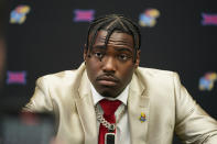 FILE -Kansas quarterback Jalon Daniels listens to reporters at the NCAA college football Big 12 media days in Arlington, Texas, Wednesday, July 12, 2023. Kansas opens their season at home against Missouri State on Sept. 1. (AP Photo/LM Otero, File)