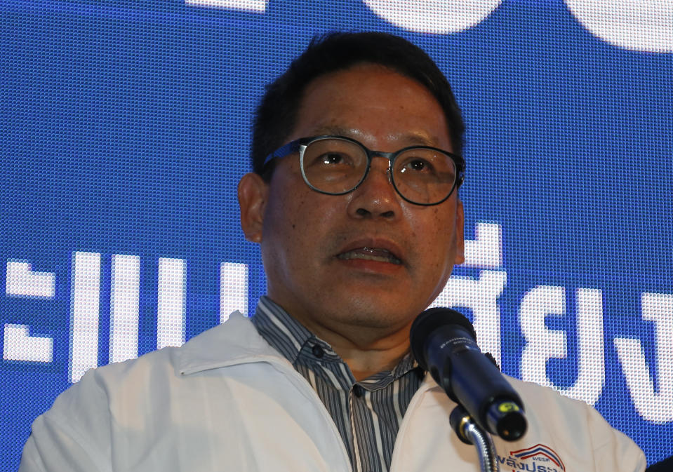 Palang Pracharat Party leader Uttama Savanayana, talks during press conference in Bangkok, Thailand, Sunday, March 24, 2019. A military-backed party has taken the lead in Thailand's first election since a 2014 coup, preliminary results showed Sunday, suggesting junta leader and Prime Minister Prayuth Chan-ocha could stay in power.(AP Photo/Sakchai Lalit)