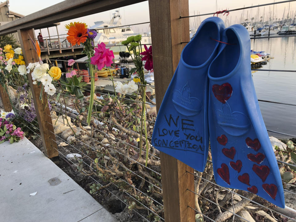 A memorial outside Truth Aquatics for the victims of the Conception boat fire, Monday, Sept. 2, 2019. (Photo: Stefanie Dazio/AP)