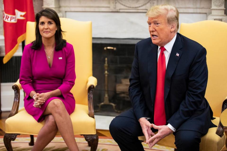 President Donald Trump and Nikki Haley, then his ambassador to the United Nations, in 2018 at the White House. (Samuel Corum/The New York Times)