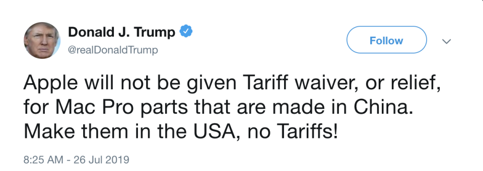 President Trump's tweet remarks on Apple's request for tariff waivers. 