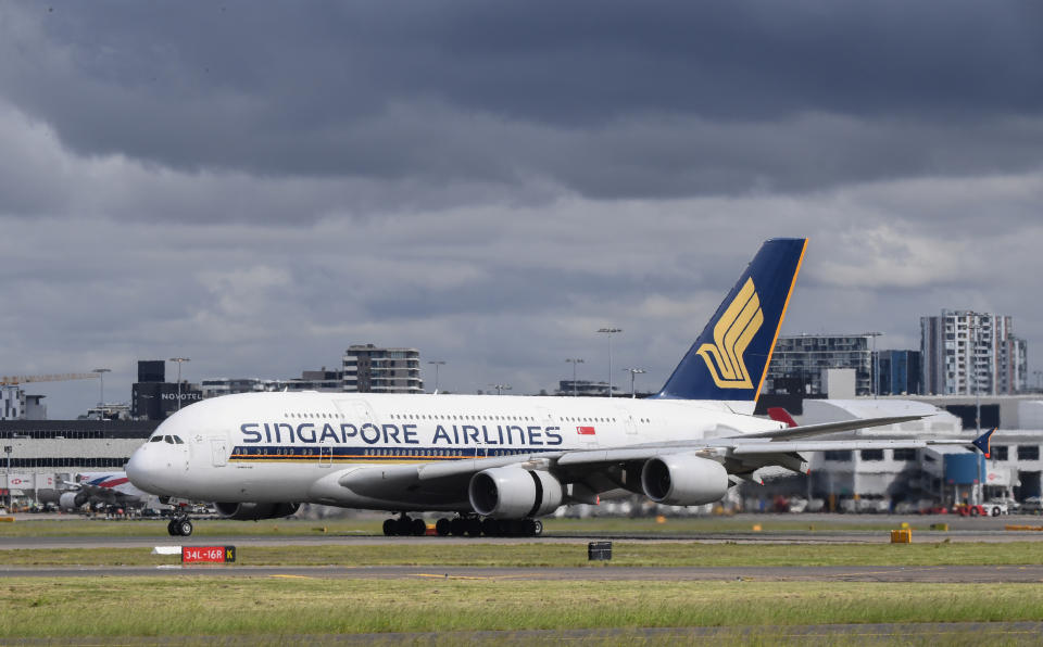 A Singapore Airlines A-380 Airbus aircraft on the runway at Sydney's main international airport, Kingsford Smith, on March 15, 2020 in Sydney, Australia.