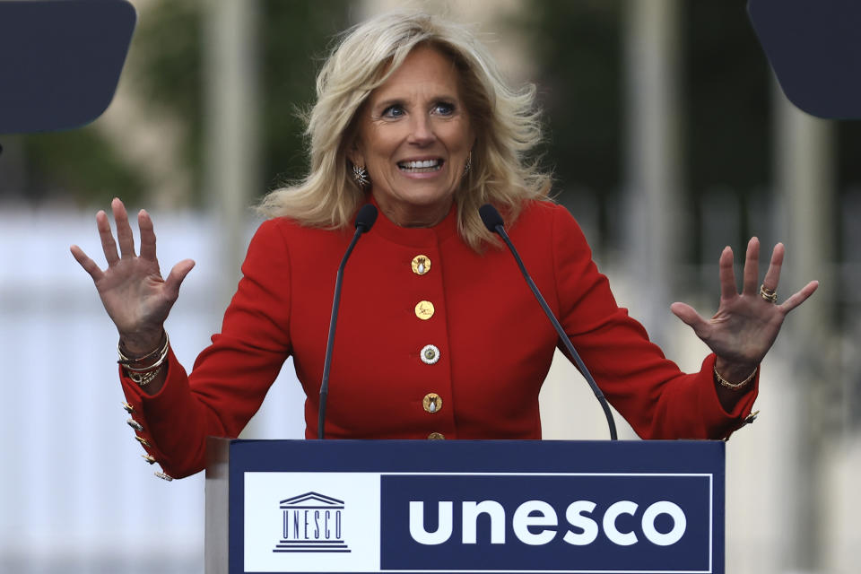 First Lady Jill Biden delivers a speech during a ceremony at the UNESCO headquarters Tuesday, July 25, 2023 in Paris. U.S. first lady Jill Biden is in Paris on Tuesday to attend a flag-raising ceremony at UNESCO, marking Washington's official reentry into the U.N. agency after a five-year hiatus. (AP Photo/Aurelien Morissard, Pool)