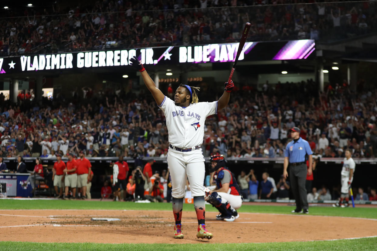 Vladimir Guerrero Jr. #27 of the Toronto Blue Jays reacts in the second round during the T-Mobile Home Run Derby at Progressive Field on Monday, July 8, 2019 in Cleveland, Ohio. (Photo by Rob Tringali/MLB Photos via Getty Images)