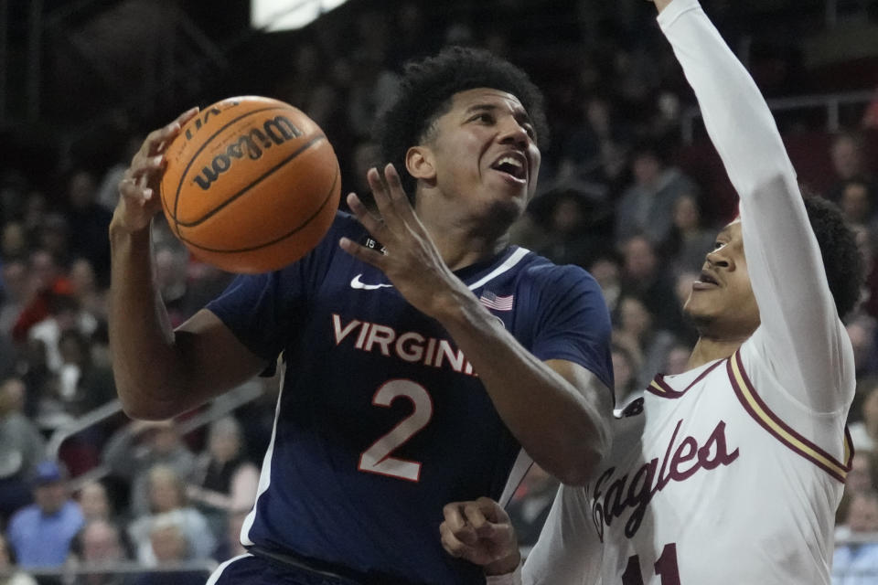 FILE - Virginia guard Reece Beekman (2) during an NCAA college basketball game, Wednesday, Feb. 22, 2023, in Boston. (AP Photo/Charles Krupa, File)