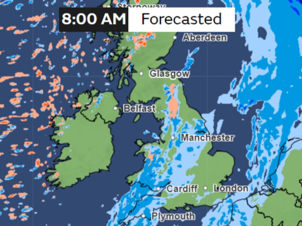 On Thursday morning, a band of rain can be seen over Southwest England and parts of Wales (in blue) while there’s some possibility of hail in some areas in the north (in orange) (Met Office)