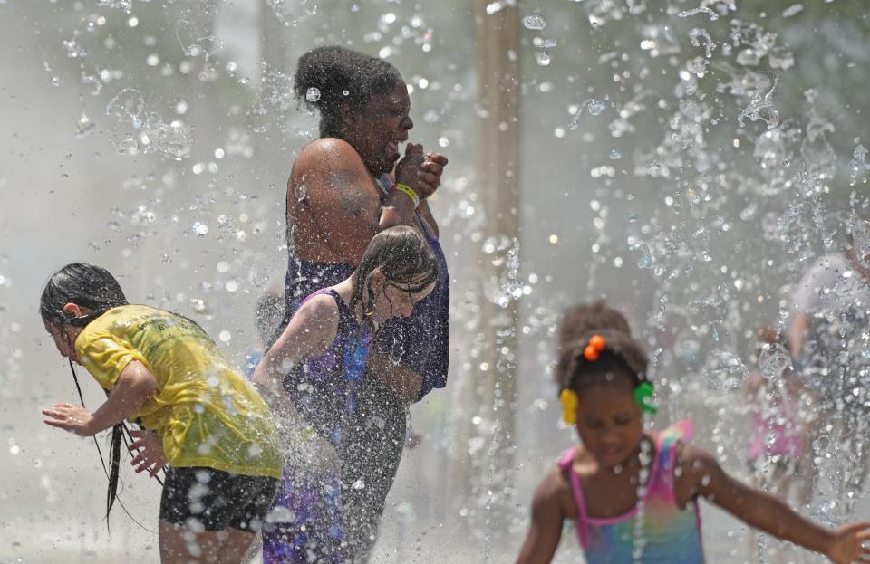 The Scioto Mile Fountain in Bicentennial Park delights children as it reopened Friday. Originally opening in 2011, the fountain was shut down in 2021 due to maintenance problems, then had to shut down again for a total rebuild beginning in May 2023. Enhancements in the $15-million rebuild include new lighting, water features and increased seating and shade areas.