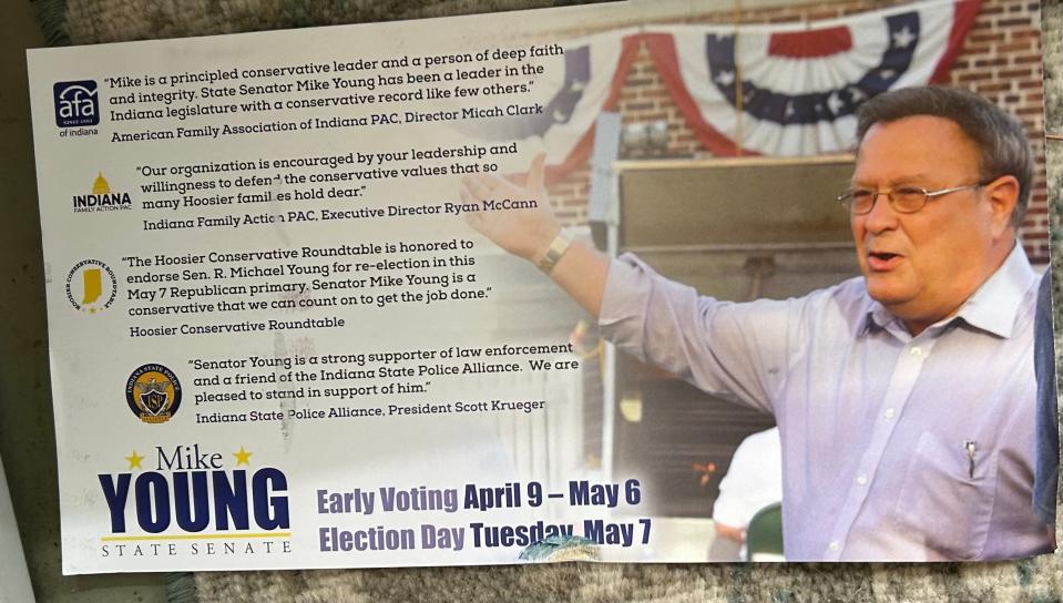 Campaign flyers from Sen. Mike Young that Republican voters in Indiana Senate District 35 received Friday, April 19, 2024.