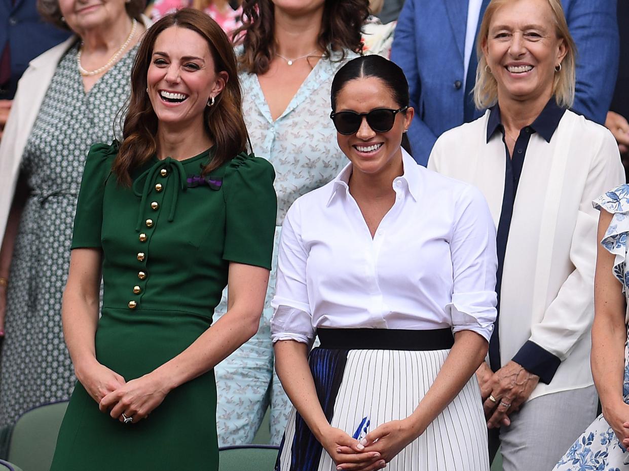 <p>Catherine, Duchess of Cambridge, Meghan, Duchess of Sussex and Pippa Middleton react in the Royal Box after the Ladies’ Singles final against during Day twelve of The Championships - Wimbledon 2019 at All England Lawn Tennis and Croquet Club on 13 July 2019 in London, England</p> ((Getty Images))